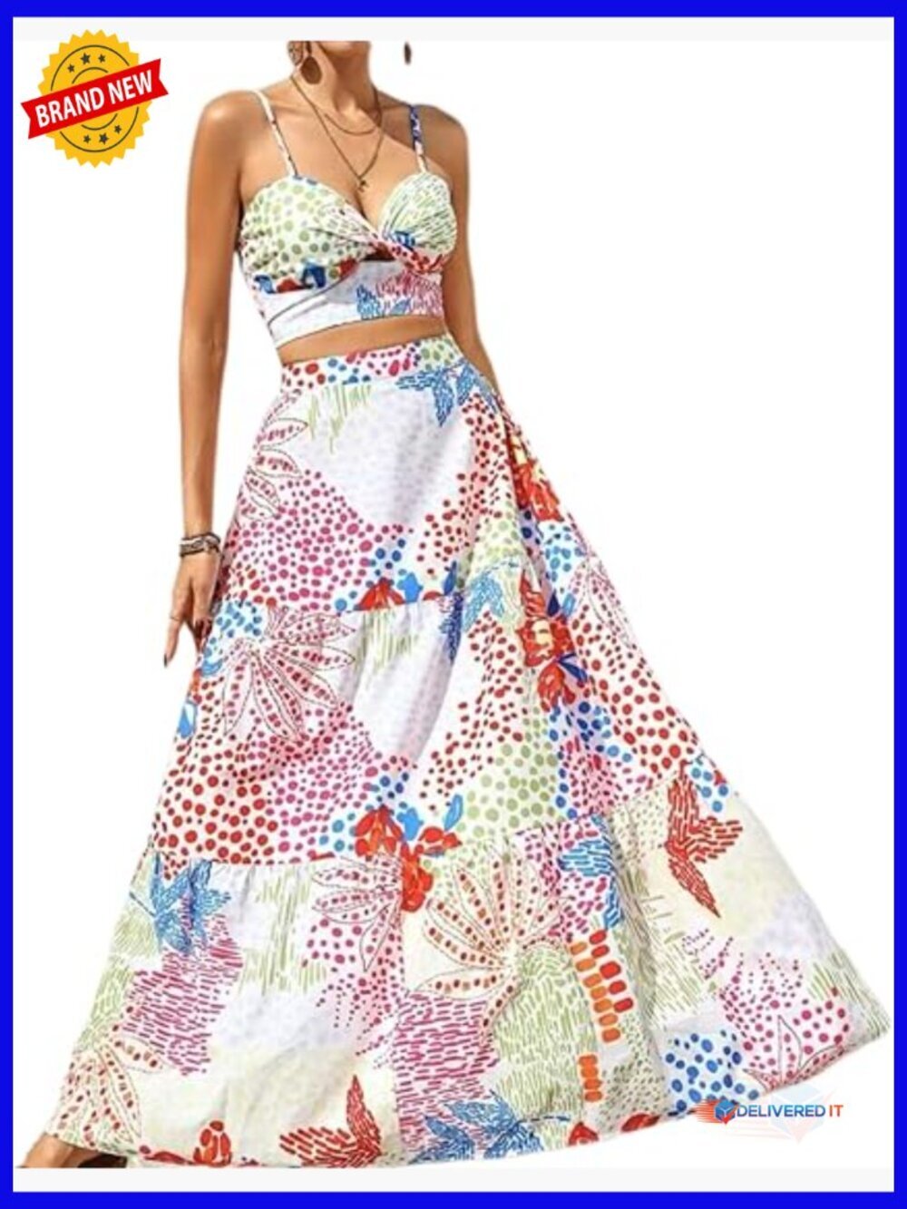 Floral Two Piece Skirt Set - Sleeveless Halter Top & Maxi Skirt